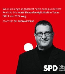 Foto von Thomas Wiebe vor rotem Hintergrund, dazu das Statement: "Was sich lange angedeutet hatte, wird nun bittere Realität. Die letzte Einkaufsmöglichkeit in Texas fällt Ende 2024 weg."